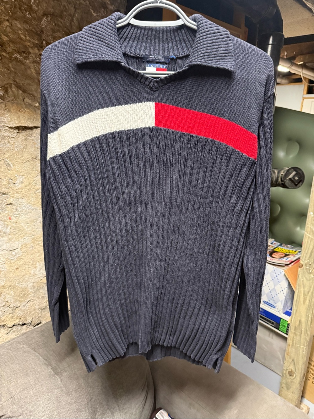 Tommy Hilfiger Navy V‑Neck Ribbed Sweater with Red & Cream Stripe